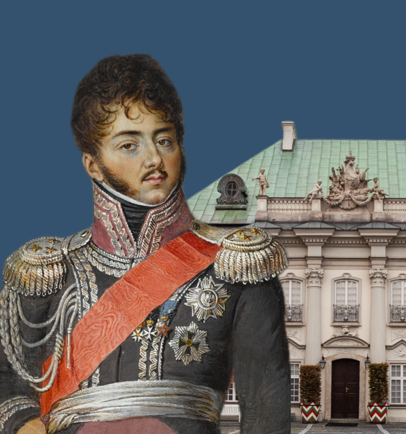 Grafika promocyjna wystawy - książę Józef Poniatowski na tle pałacu Pod Blachą