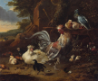 Melchior de Hondecoeter, Kogut i kura z kurczętami i gołębiami, olej, płótno, 96 x 111,5 cm, nr inw. ZKW/5879